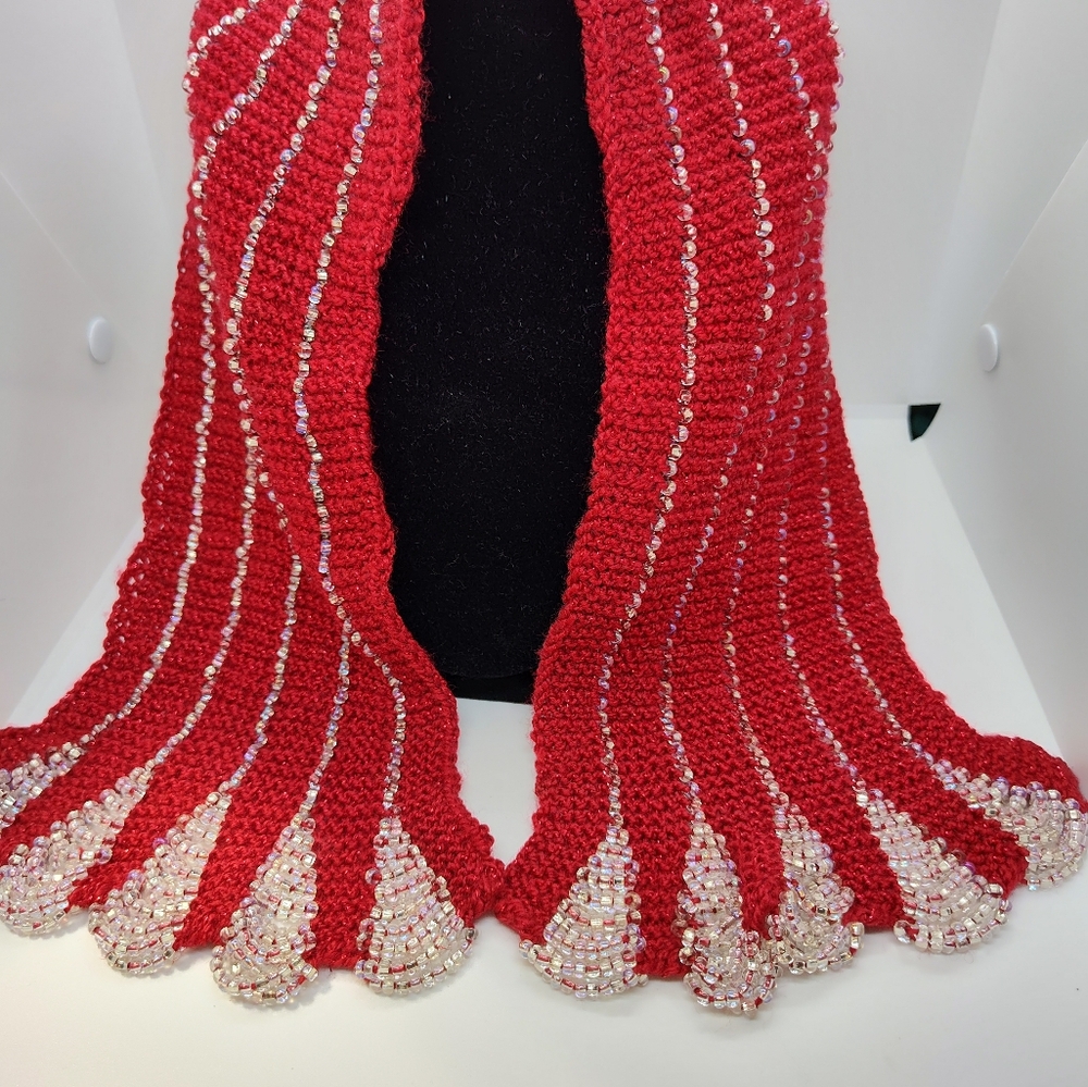 Knit scarf Red with over 1000 Silver Beads. Great Holiday Gift for parties